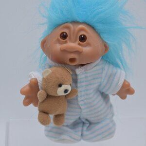 Vintage 2005 TROLL DOLL w/ Pink Pajamas Blue Hair holding a Teddy Bear 5.5"